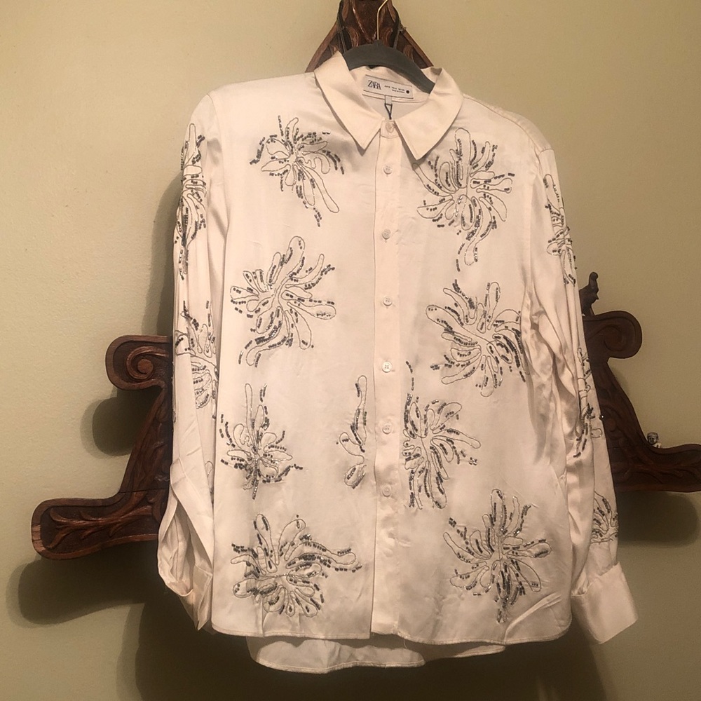 NWT ZARA EMBROIDERED BEADED SHIRT ZW COLLECTION